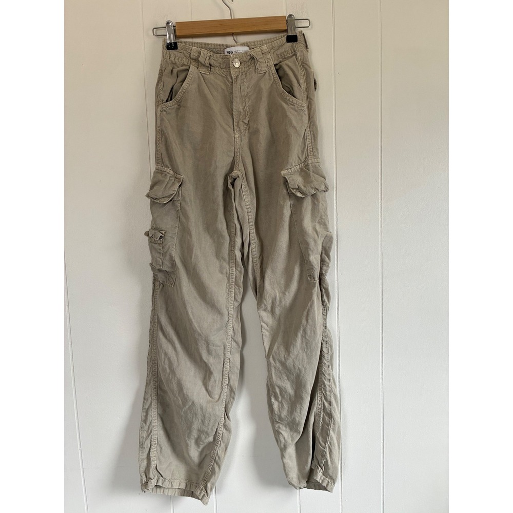 Zara Women Tan Khaki Lyocell Linen Blend Utility Cargo‎ Pants Size 0 EUR 32